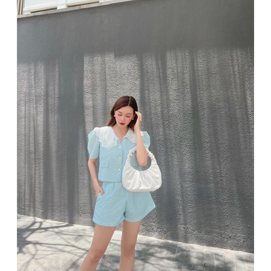 [HÀNG THIẾT KẾ CAO CẤP] Set Xốp Cổ Ren + Quần Short Thoải Mái Mặc Nhà / Đi Biển Màu Trắng / Xanh