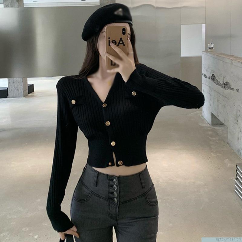 Áo croptop dệt kim tay dài dáng ôm cổ chữ V cài nút gợi cảm cho nữ