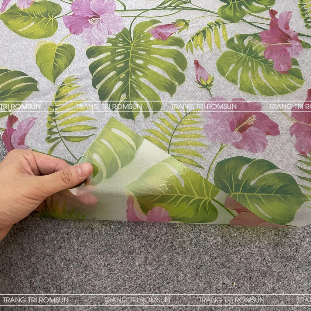 Decal dán kính phòng khách mờ chống thấm nước khổ 90cm lá xanh hoa hồng