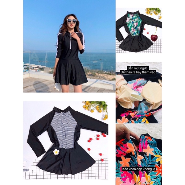 [4 Mẫu] Váy Bơi Nữ Liền Thân Tay Dài Dáng Xèo Có Chip Đùi Bên Trong (size 40_85 ký)