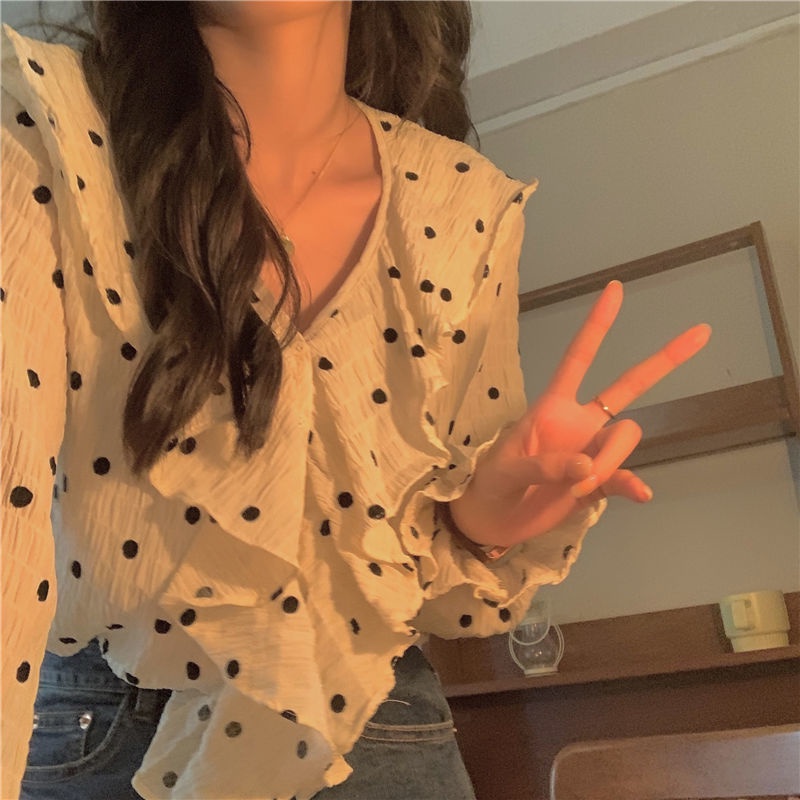 Áo Sơ Mi Cổ Chữ V Tay Dài Dáng Rộng Họa Tiết Chấm Bi Phong Cách Pháp 2022 Thời Trang Cho Nữ