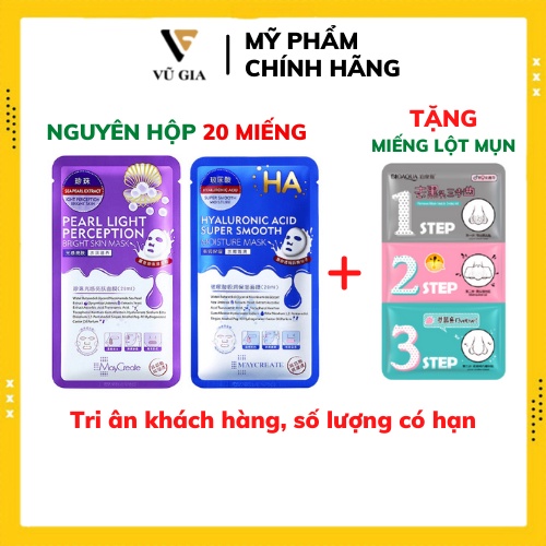Mặt Nạ, Mặt Nạ HA Maycreate Hộp 20 Miếng Dưỡng Ẩm Trắng Da Chống Lão Hóa Giảm Mụn Giúp Da Mịn Màng Tự Nhiên 28ml
