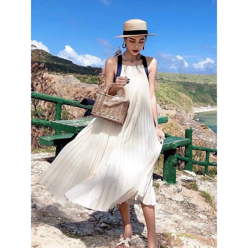 Đầm maxi dập ly hở lưng phối dây | BigBuy360 - bigbuy360.vn