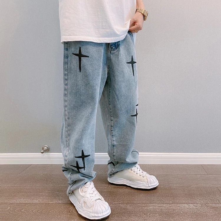 Quần jean ống rộng nam nữ unisex hoa văn họa tiết ngôi saomới hà nội hcm 02 Pon.mens
