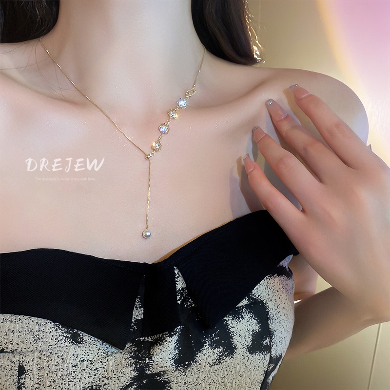 DREJEW Dây chuyền mạ vàng mặt hoa đính ngọc trai sang trọng cho nữ