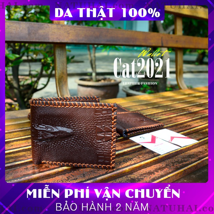 [BH 2 NĂM - DA THẬT ] Ví Da Bò Cat2021-COFfEE, Dập Vân Cá Sấu, Đa Năng, Viền May Tay, Handmade, Bền, Đẹp – NATUHAI