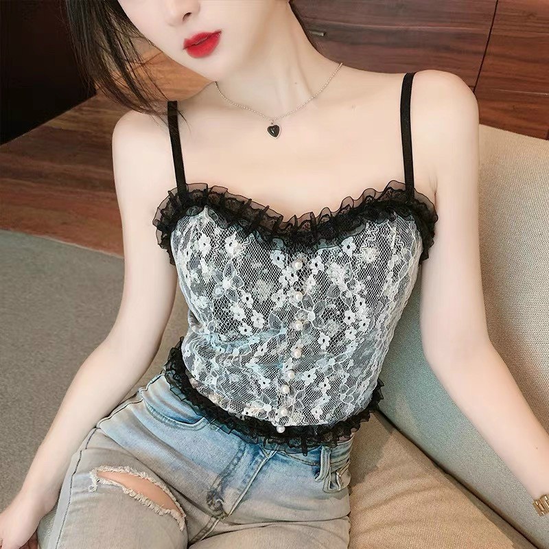 Áo 2 Dây Nữ Ren Hoa Tiểu Thư Đính Hạt Viền Bèo Chun Sau Dáng Croptop Sang Chảnh Có Mút Ngực 1202