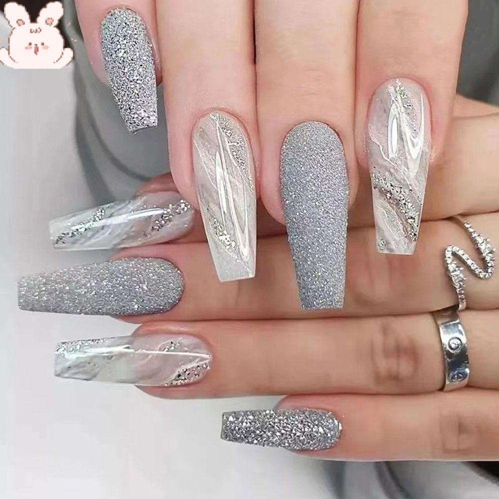 Set 24 Móng Tay Giả Kiểu Pháp Màu Lấp Lánh|Con Bướm Đen|Móng Tay Giả Hình Trái Tim Xinh Xắn