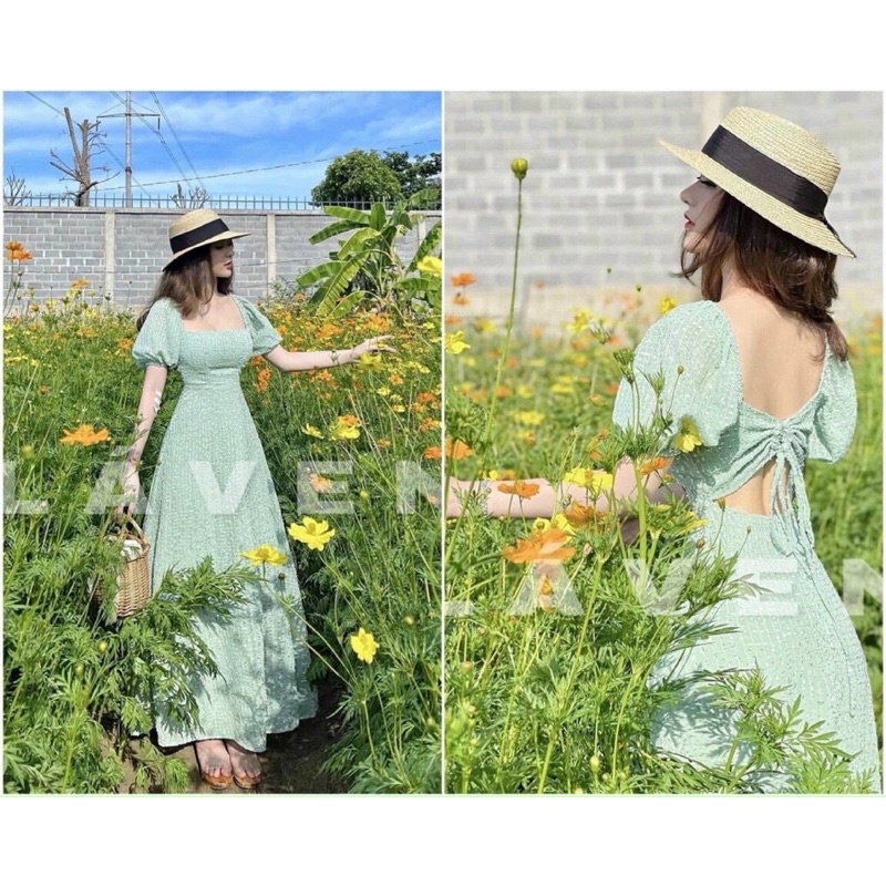 Đầm maxi cổ vuông tay bồng hở lưng