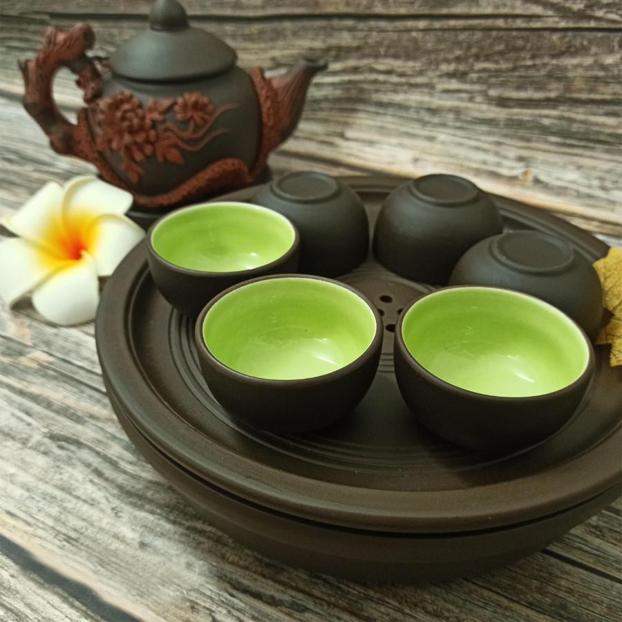 Ấm Trà Tử Sa Bát Tràng Đắp Nổi Màu Đen + Khay Trà Tròn 2 Tầng