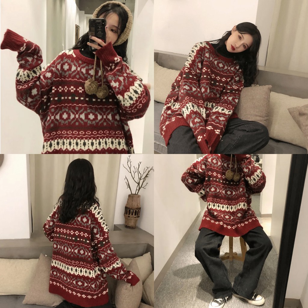 🎄Merry Christmas🎄 Áo sweater dáng rộng họa tiết màu đỏ ấm áp dễ thương cho nữ | BigBuy360 - bigbuy360.vn