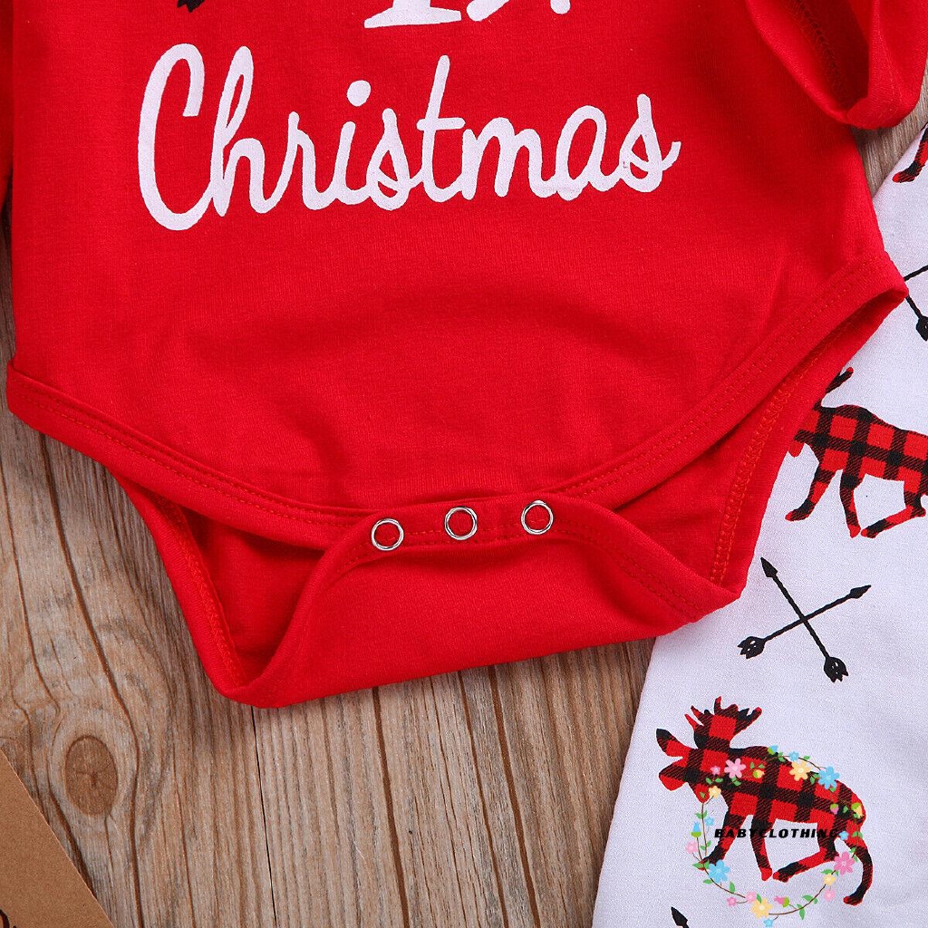 Set đồ liền thân + Quần dài + băng đô họa tiết chữ My First Christmas đáng yêu cho bé