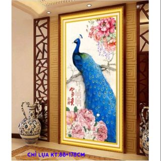Tranh thêu chữ thập chim khổng tước tuyệt đẹp kt 88*178cm(chỉ lụa)