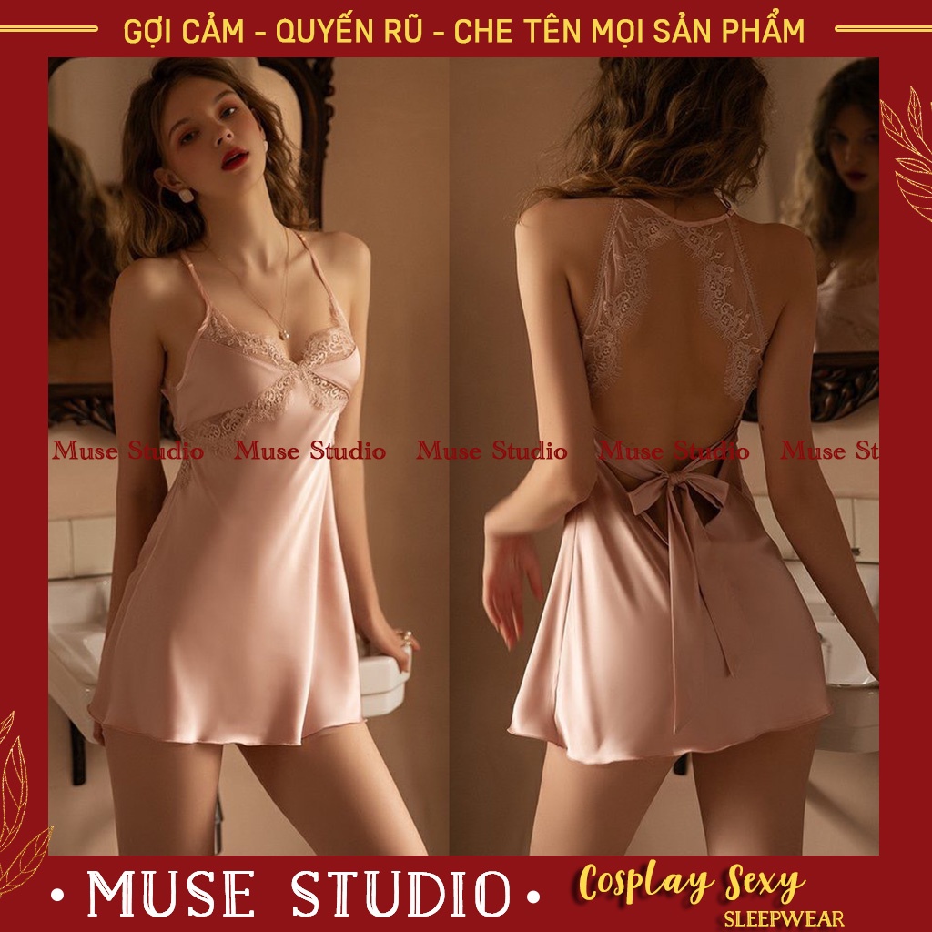 váy ngủ sexy, đầm ngủ hai dây gợi cảm phối ren ngực buộc nơ lưng quyến rũ - MUSE STUDIO MS005