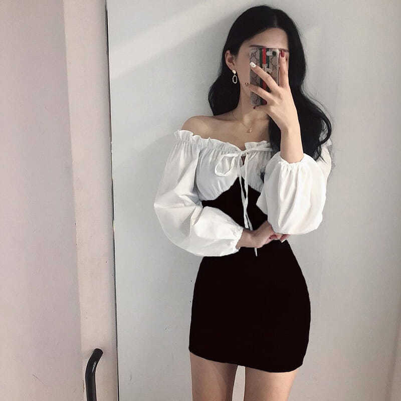 Đầm Trễ Vai Phối Màu Đen Trắng Thời Trang Cho Nữ | BigBuy360 - bigbuy360.vn