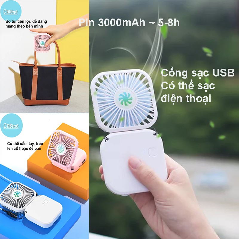 Quạt mini cầm tay Casme, có dây đeo cổ, để bàn, gấp gọn tiện lợi mang đi làm, đi chơi - Q007