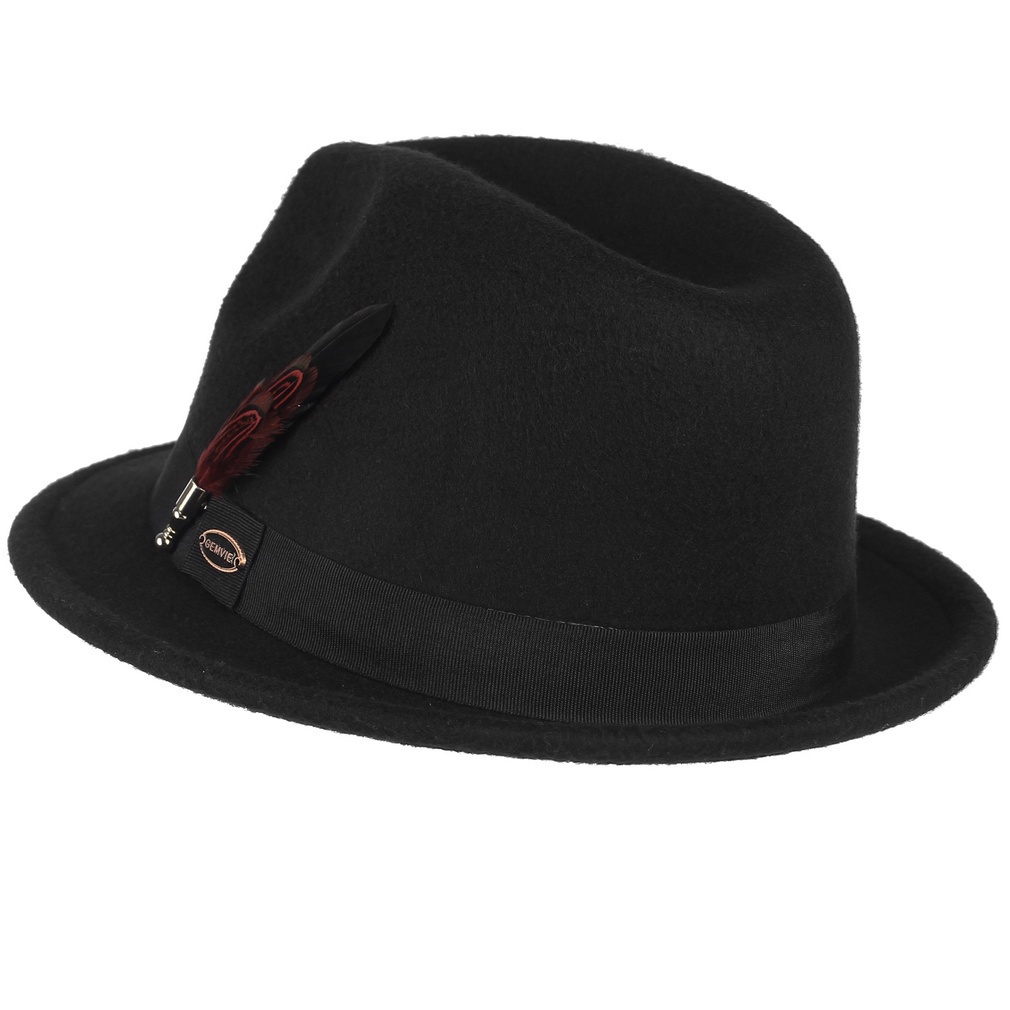 Mũ Fedora vải len nhân tạo vành phẳng màu đen phong cách cổ điển cho nam