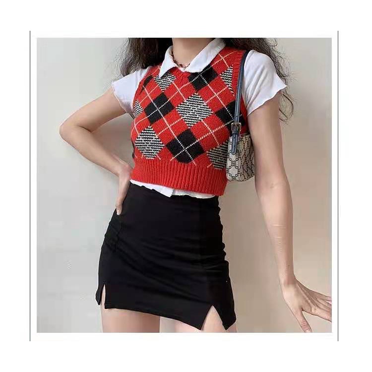 DUNEA Áo dệt kim cổ chữ V đính đá phong cách retro Hàn Quốc