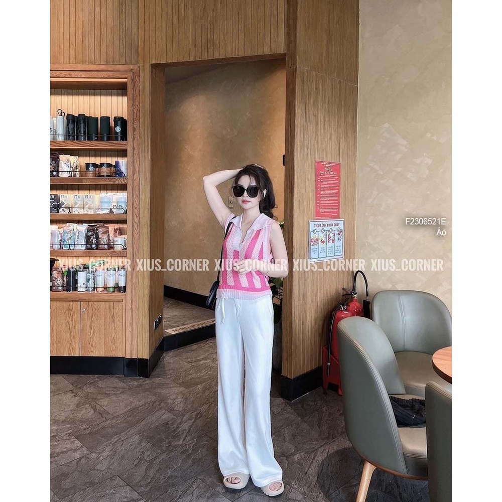 Áo len kiểu sọc cổ tim bẻ sát nách hàng QC!