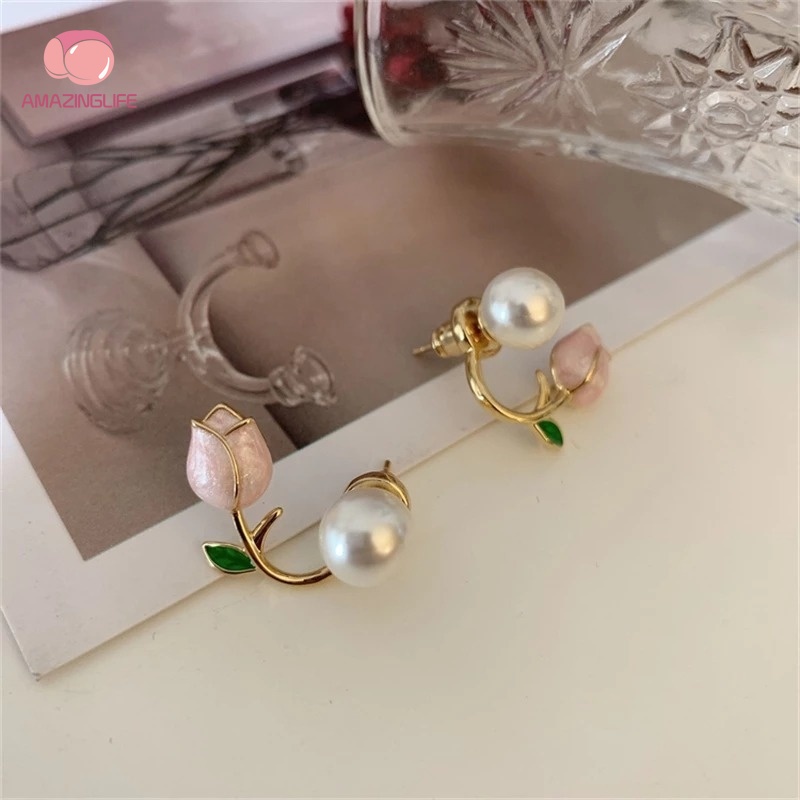 Bông Tai Hình Hoa Tulip Đính Ngọc Trai Giả Sang Trọng Cho Nữ