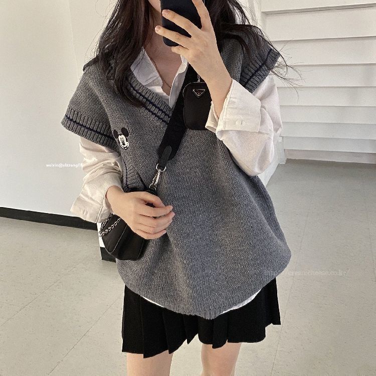 Porozi Áo sweater cổ chữ V không tay/Sơ mi trắng cho nữ