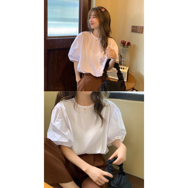 Áo Thun Tay Phồng Ngắn Màu Trắng Dáng Suông Phong Cách Phương Tây Thời Trang Cho Nữ