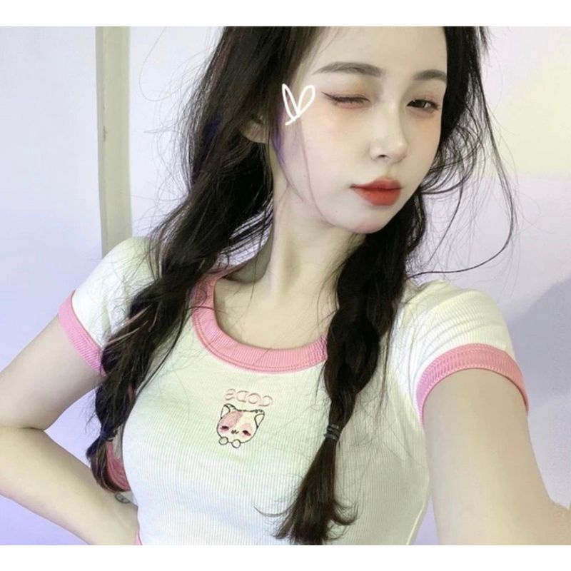 Áo Croptop Ôm Body Cổ Tròn Tay Ngắn MIRA.CLOSET, Áo Trắng Viền Hồng Hoạ Tiết Thêu Con Mèo A5316