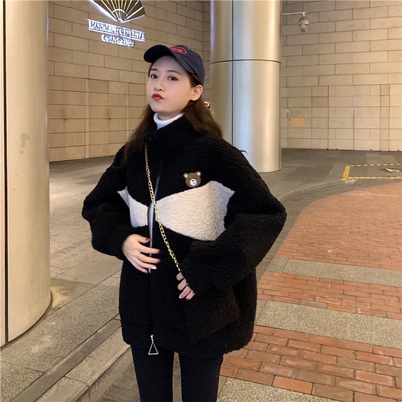Áo khoác IELGY chất liệu lông cừu cashmere giả dáng rộng phong cách Hàn Quốc dành cho nữ