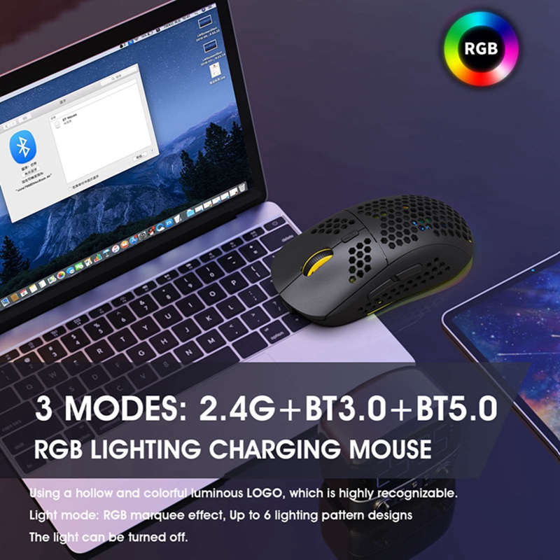 Chuột Không Dây Chengyixin Rgb 12000dpi 800 Mah Siêu Nhẹ Vỏ Tổ Ong Màu Đen