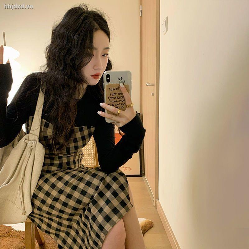 Đầm dài ngang gối dáng chữ A họa tiết kẻ sọc phong cách retro thời trang thu đông hàng mới