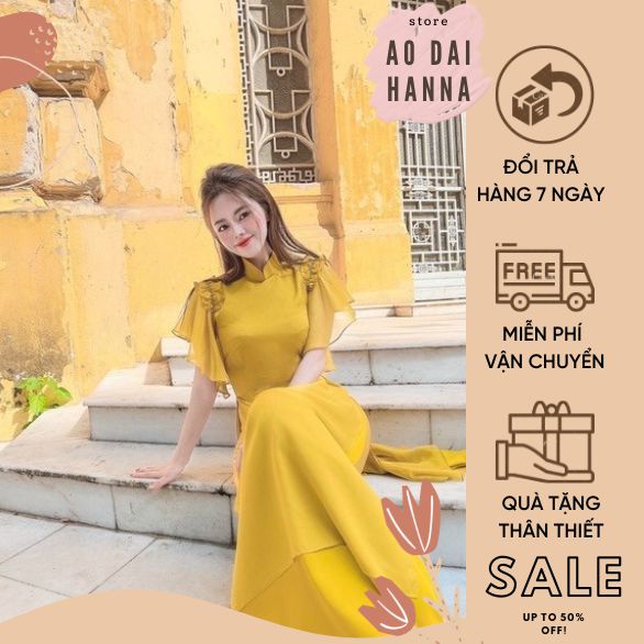 Áo dài cách tân cho nữ tay xòe màu vàng chất tơ lựa cao cấp A05