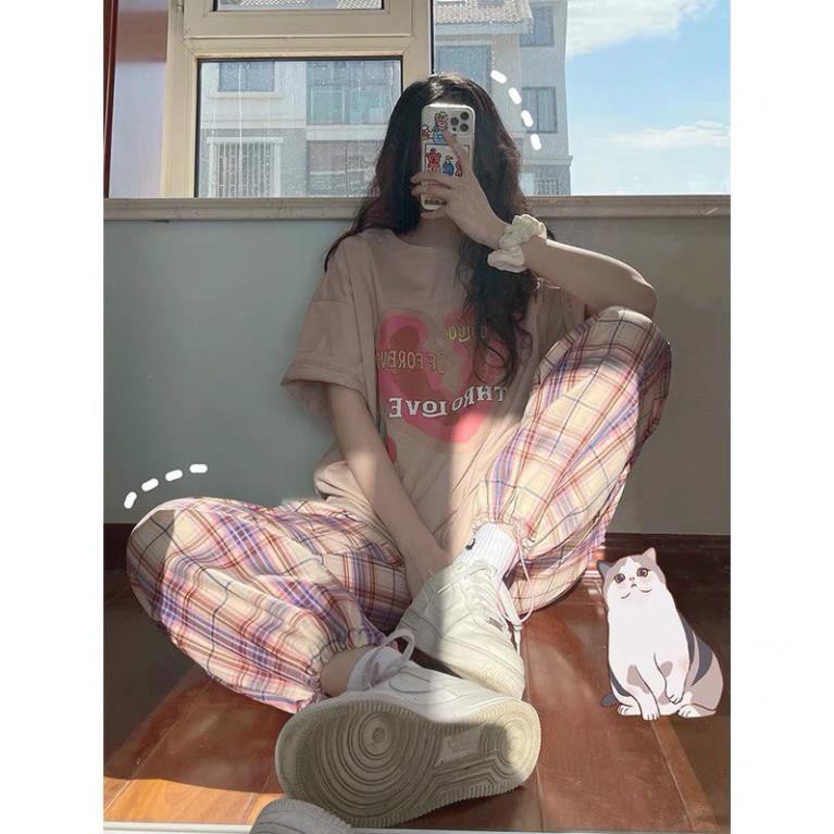 Bộ Áo Phông Trái Tim Kèm Quần Culottes Kẻ, Set Áo Thun Kèm Quần Dài Ống Rộng Caro - X31