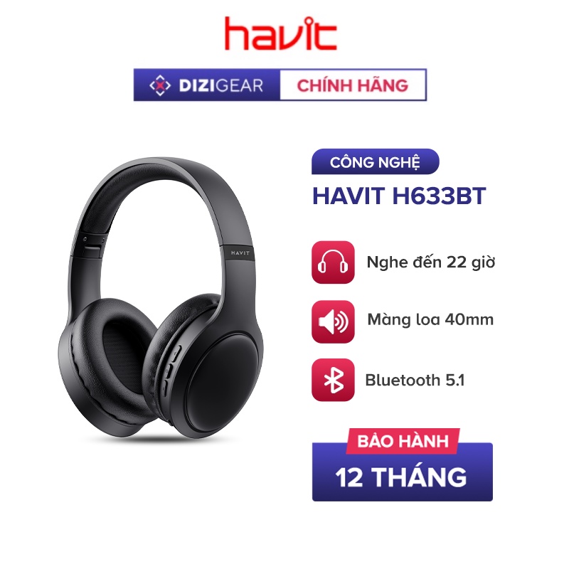 Tai Nghe Headphone Bluetooth HAVIT H633BT, Kiểu Dáng Công Thái Học, Nghe Đến 22H - Chính Hãng BH 12 Tháng