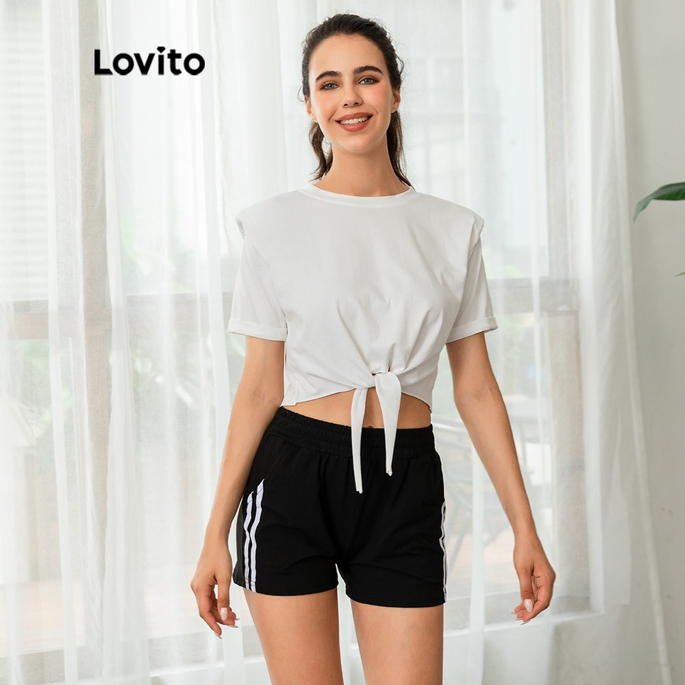 901DEÁo Crop Top Lovito Cổ Tròn Có Cà Vạt Phía Trước Tích Hợp Đệm Vai Màu Trơn Đơn Giản L03033 (Màu Trắng)