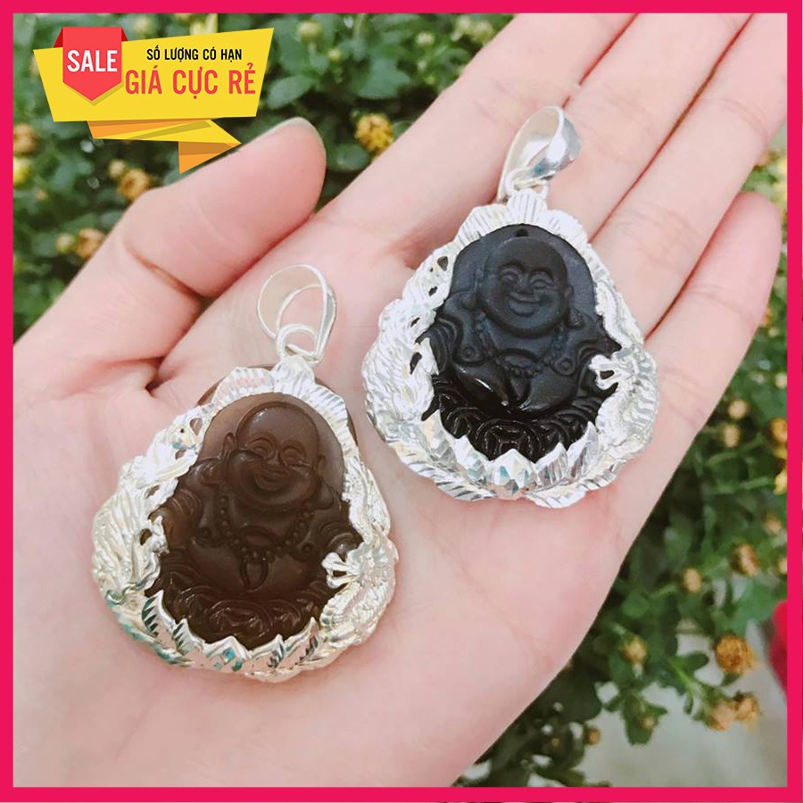 Mặt Phật đá phong thủy bọc bạc (đen) + tặng dây cao su charm bạc