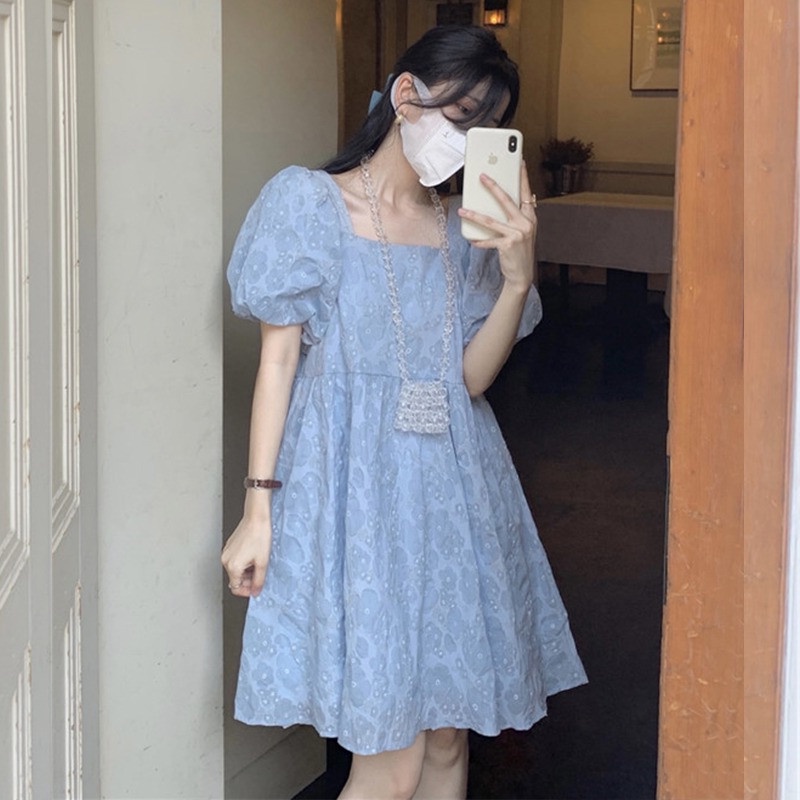 đầm cổ vuông phấn mắt tutu đầm tiểu thư váy công chúa Đầm Công Chúa Tay Phồng Cổ Vuông Thời Trang Xinh Xắn Cho Nữ