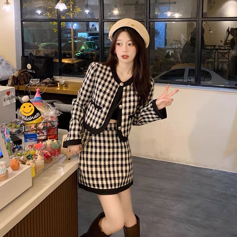Set Dạ Tweed Kẻ Áo Khoác Mix Chân Váy Hàng 2 Lớp Có Ảnh Thật Kèm Video