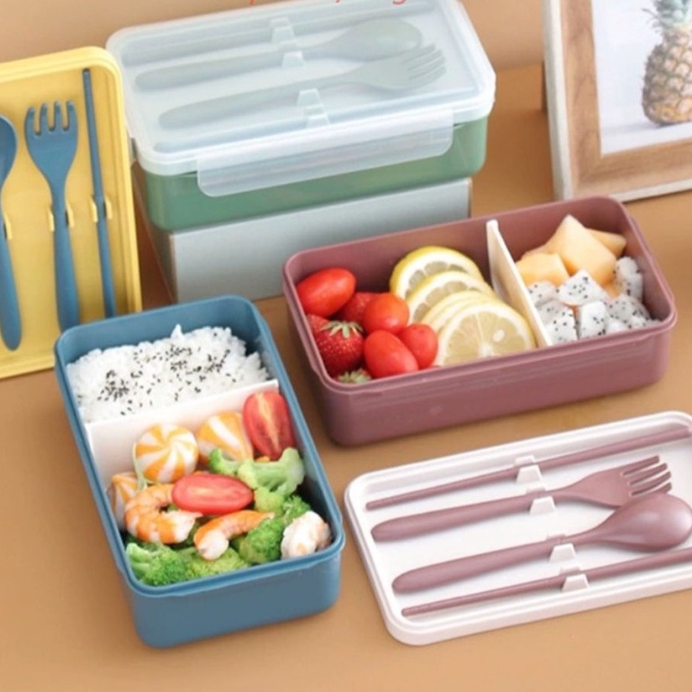 [Chính Hãng] Hộp Đựng Cơm Giữ Nhiệt Ăn Trưa Văn Phòng 2 Ngăn- Nhựa/Lúa Mạch- Kèm Thìa Dĩa Đũa- Sử Dụng Lò Vi Sóng