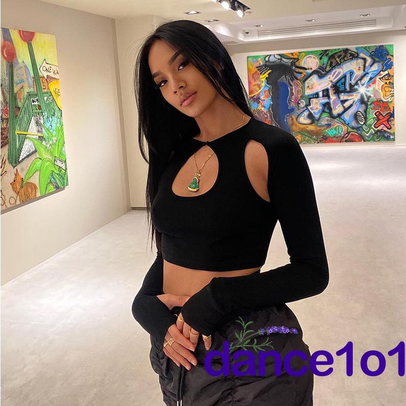 ✦Ef❃Áo Croptop Tay Dài Cổ Tròn Màu Sắc Trơn Thời Trang Mùa Hè Dành Cho Nữ