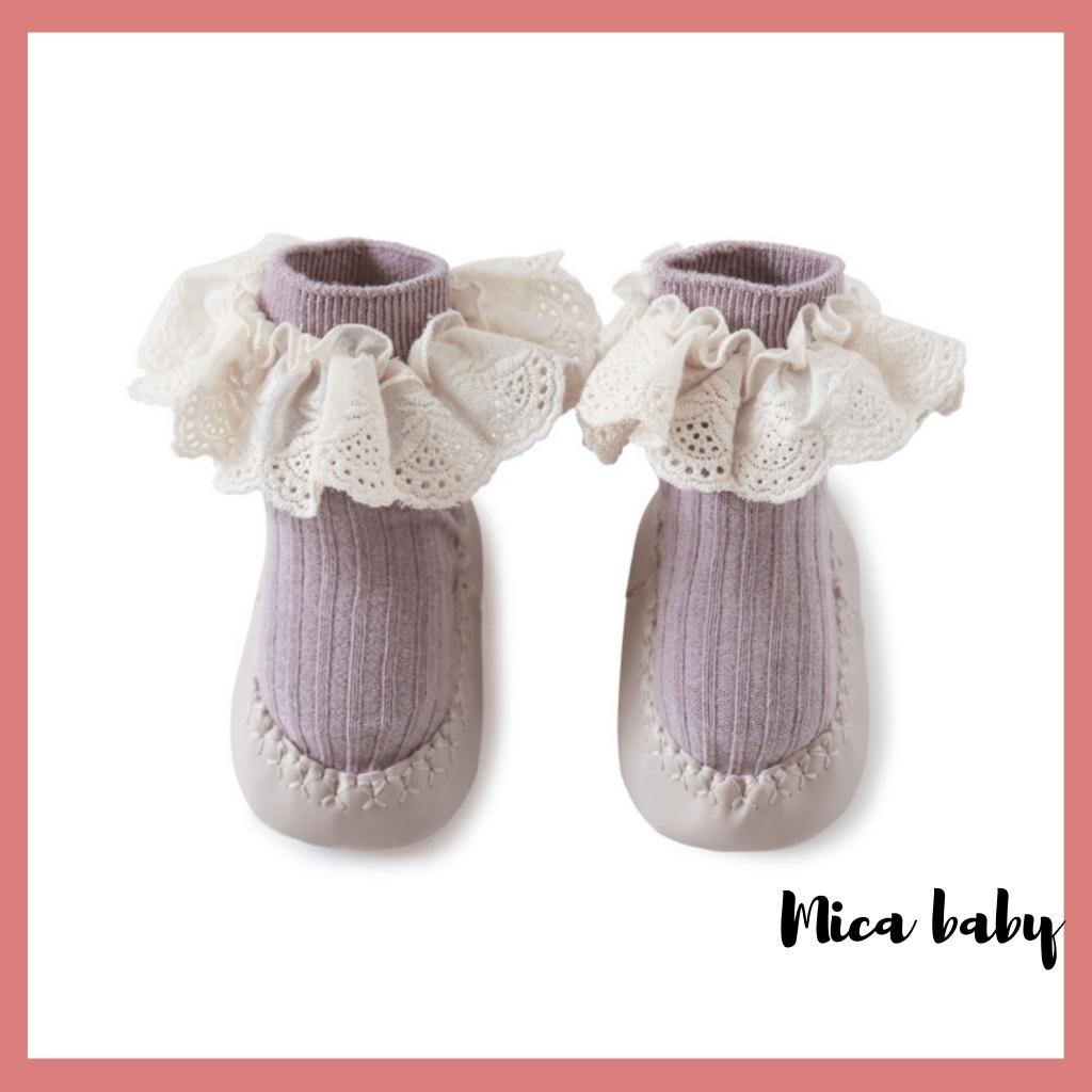 Giày tất tập đi chống trơn trượt viền ren đáng yêu cho bé Mica baby T07