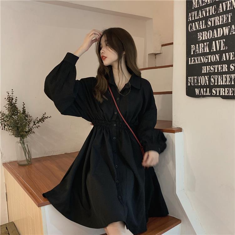 Đầm sơ mi cổ bẻ tay dài dáng rộng lưng cao thời trang xuân thu mới xinh xắn dành cho nữ