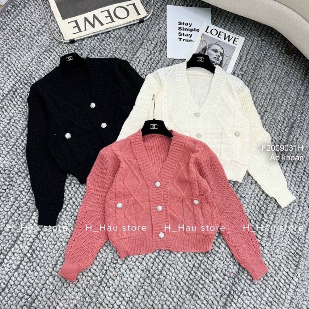 Áo khoác len gài nút cổ tim tay dài hàng đẹp QC!