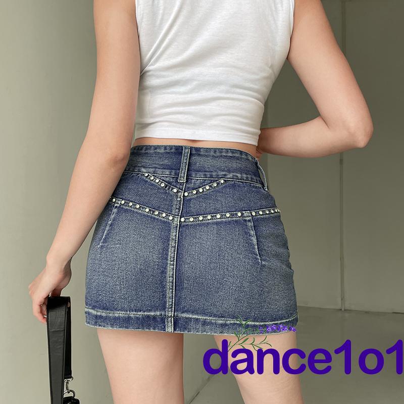 ✲IT✬Women´s Fashion Rhinestone High Waist Flap Pocket Mini Denim Skirts