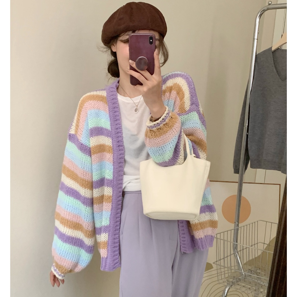 Hàng Sẵn_ Áo khoác len sọc cầu vồng dệt kim phong cách Hàn Hadu shop