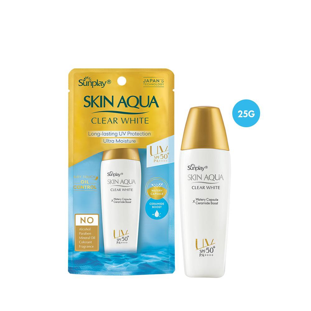 Kem chống nắng nắp vàng Sunplay Skin Aqua Clear White SPF 50+, PA++++ 25g và 55g dưỡng trắng dành cho dầu