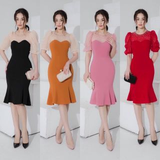 Đầm body đuôi cá tay phồng phối lưới
