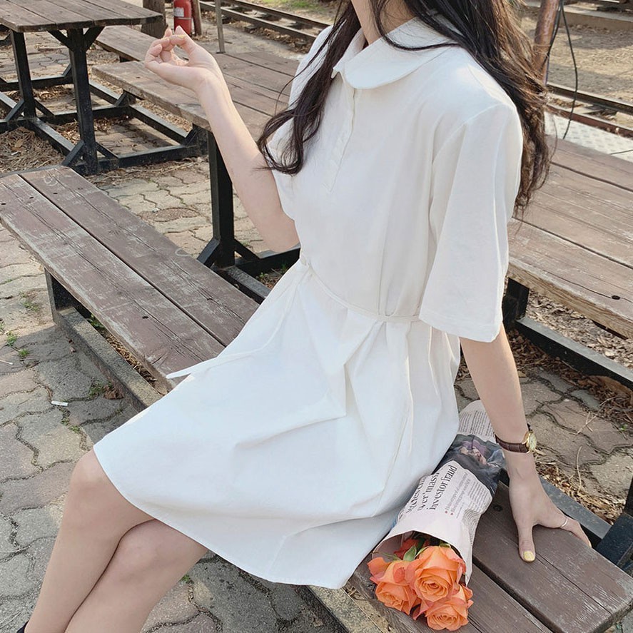 Đầm sơ mi Peppermint 28322 tay ngắn cổ polo màu trơn cao cấp