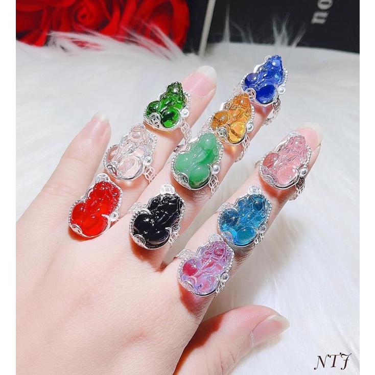 Nhẫn nữ bạc thật thân kim tiền gắn đá tỳ hưu đủ màu theo mệnh - Kho sỉ bạc Nhất Linh