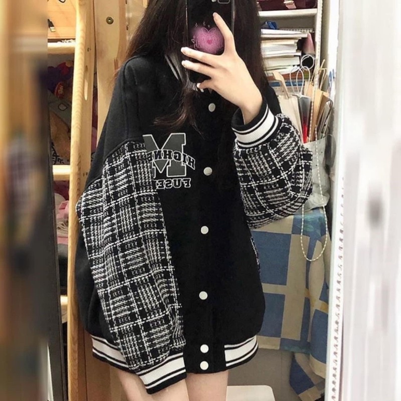 Áo Khoác Bomber Chữ M Phối Tay Kẻ Nam Nữ, Phong Cách Bóng Chày Hoạ Tiết Đỉnh Cao Thời Trang BomBer