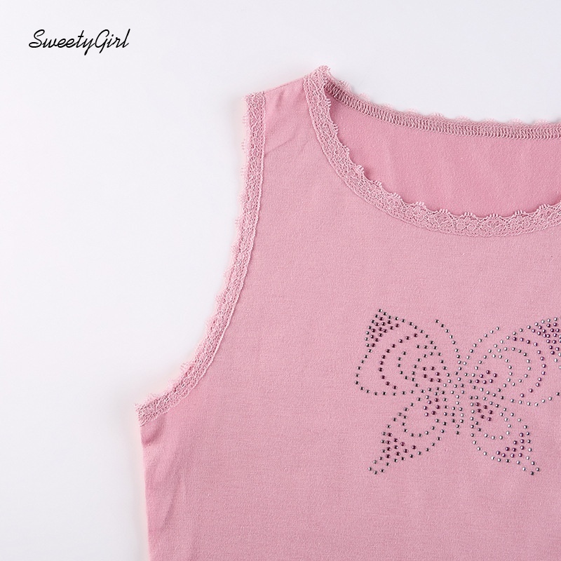 Áo hai dây cổ tròn viền ren đính đá hình bướm thời trang cho nữ